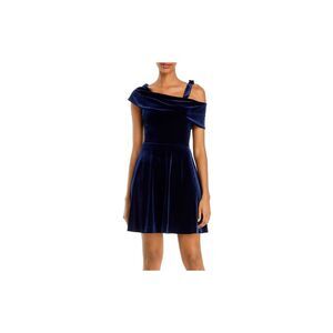 AQUA Womens Navy Asymmetrical Neckline Short Fit + Flare Party Dress Size: XS